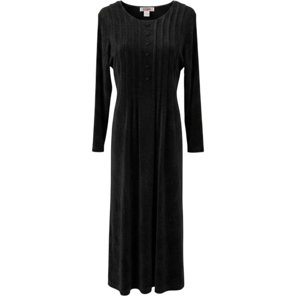 Vintage FADS Black Velour Pleated Maxi Dress Long Sleeve Back Tie 90s Small